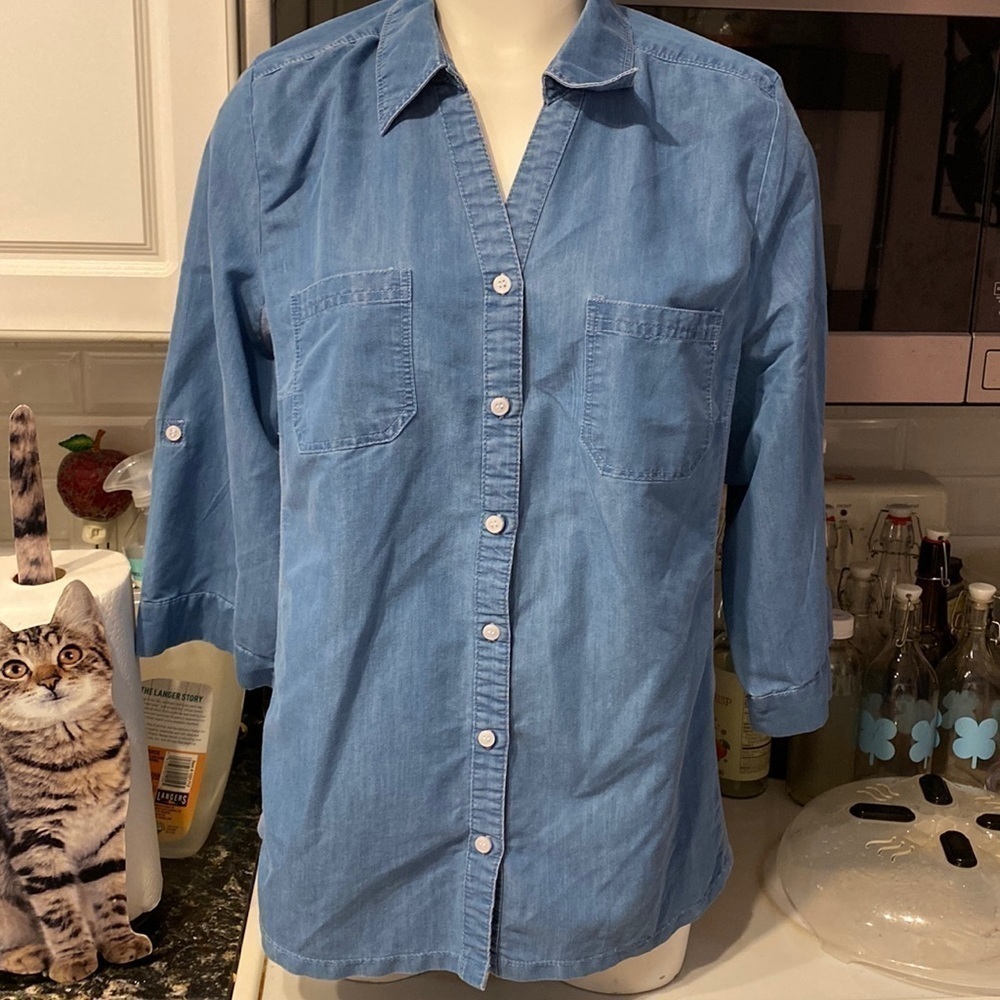 U womens Emily Daniels casual stretch button up 3/4 sleeve denim shirt 1X